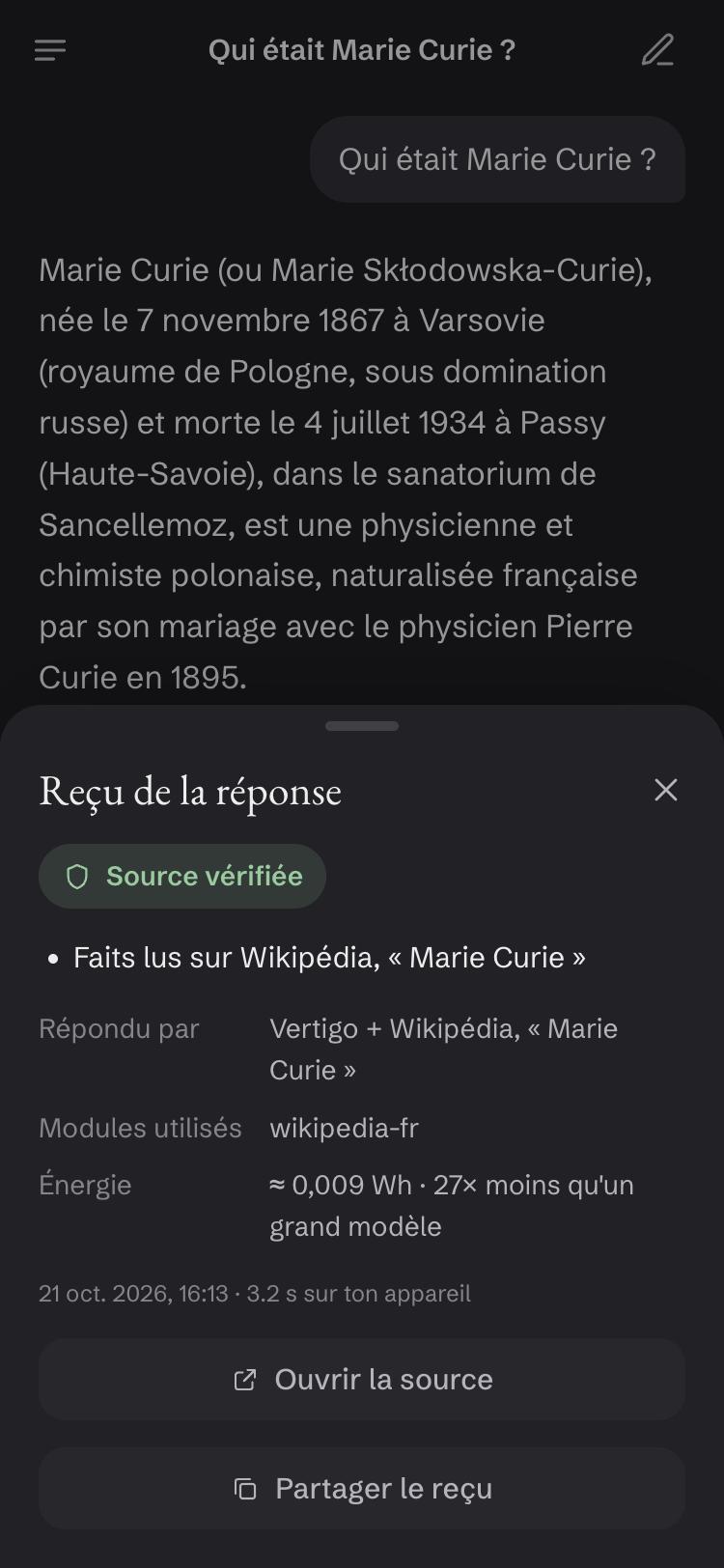 Vertigo on a phone: an answer about Marie Curie, and its receipt: source checked on Wikipedia, 3.2 seconds on the device